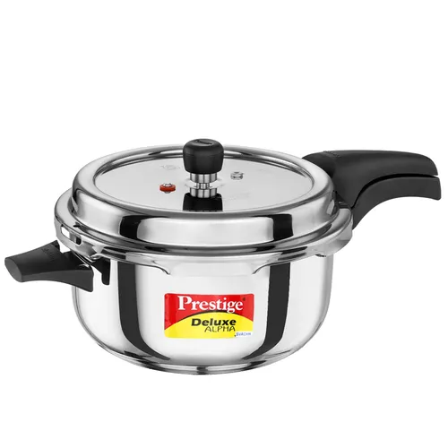  Prestige 5 Litre Stainless Steel Deluxe Alpha Svachh Outer Lid Deep Pressure Pan Cooker | 10Y Warranty | Deep Lid for Spillage Control | TRIPLY Base | GRS | Gas & Induction Compatible | ISI